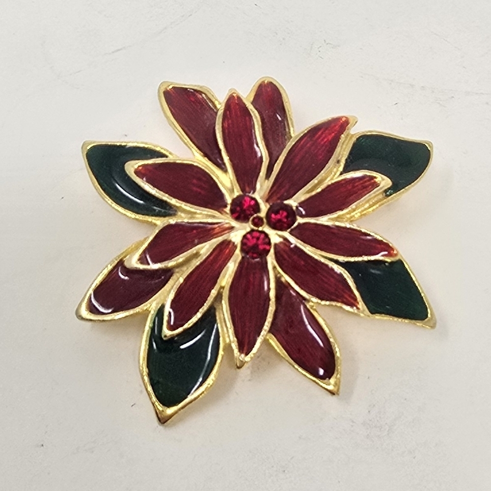 Vintage red enamel gold tone poinsettia brooch christmas